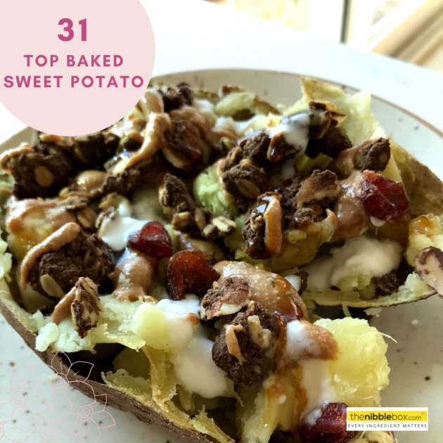 baked sweet potato with granola and nut butter